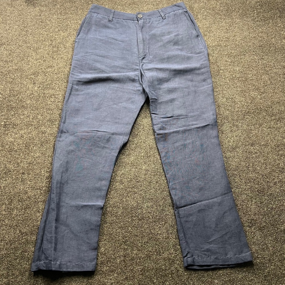 Magaschoni Man Blue Linen Blend Flat Front Trousers Pants Mens Size 32